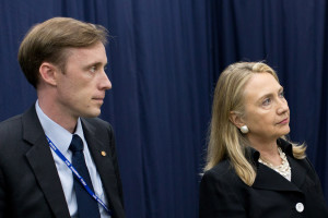 President Barack Obama talks with Secretary of State Hillary Rodham Clinton about his decision to send her to the Middle East while attending the U.S.-ASEAN Summit in Phnom Penh, Cambodia, Nov. 20, 2012. From left are: Ben Rhodes, Deputy National Security Advisor for Strategic Communications; Jake Sullivan, Deputy Chief of Staff to the Secretary of State; and National Security Advisor Tom Donilon. (Official White House Photo by Pete Souza) This official White House photograph is being made available only for publication by news organizations and/or for personal use printing by the subject(s) of the photograph. The photograph may not be manipulated in any way and may not be used in commercial or political materials, advertisements, emails, products, promotions that in any way suggests approval or endorsement of the President, the First Family, or the White House.